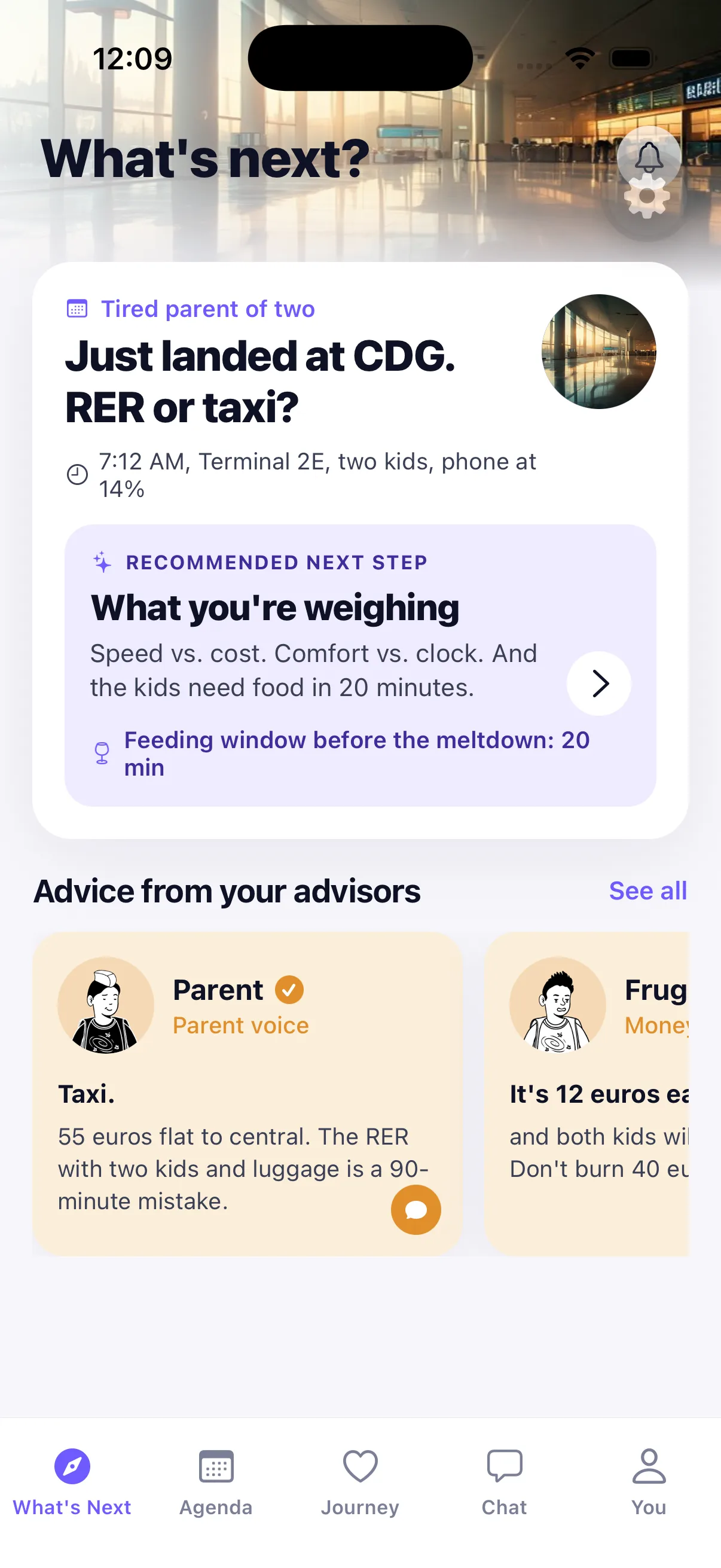A heylife heads-up for a parent landing at CDG with two kids: 7:12am, 2h45 to a 10am meeting, RER vs taxi advice.