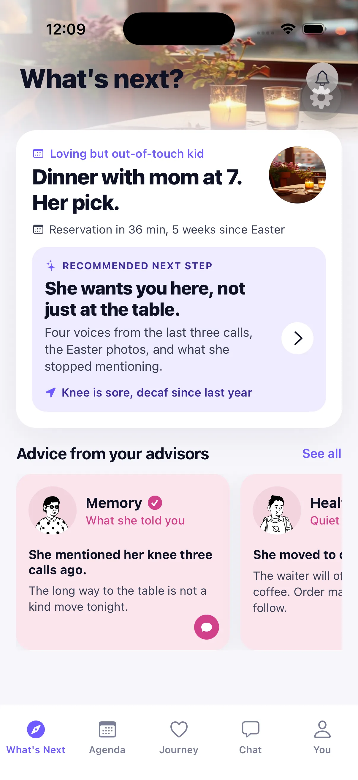 A heylife heads-up for dinner with mom at 7, her pick, after weeks of being out of touch.