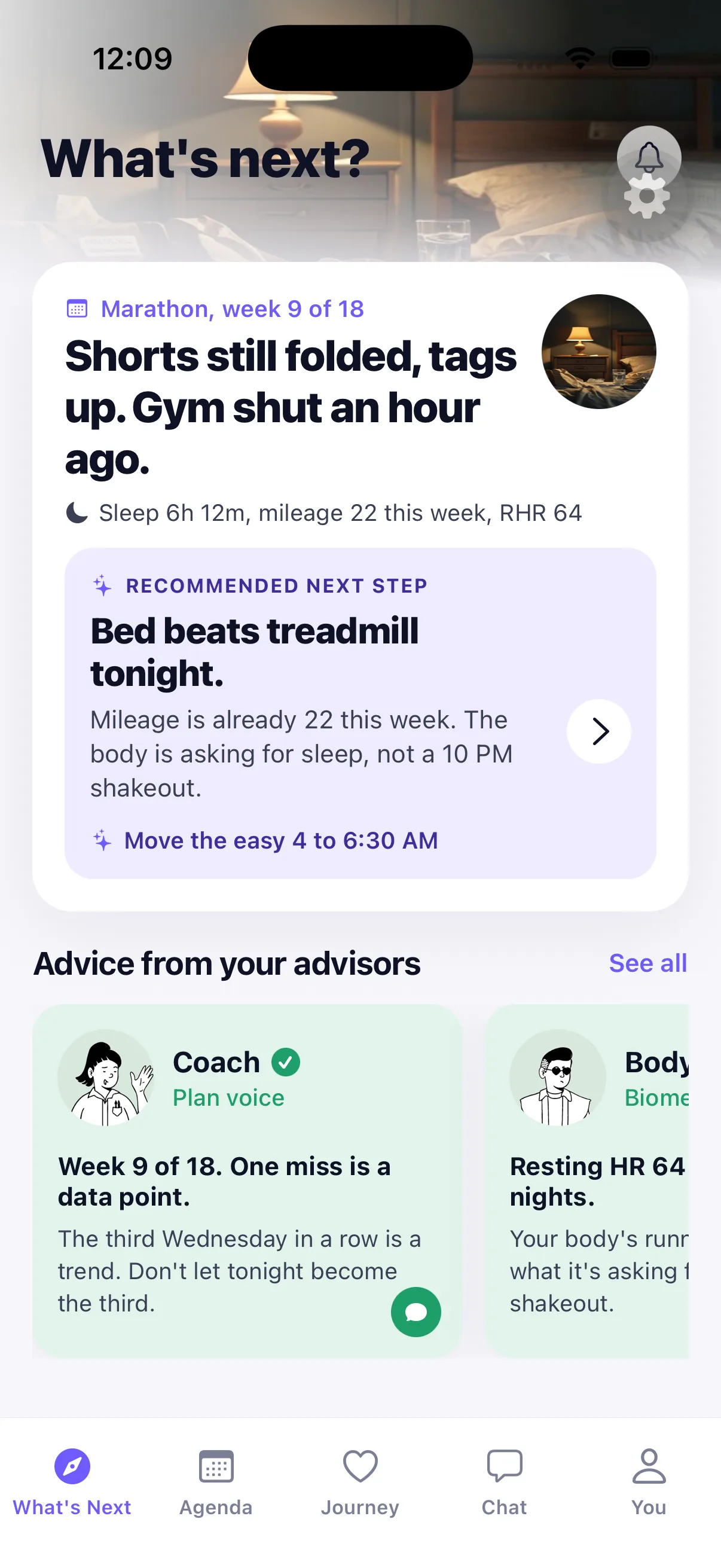 A heylife heads-up for a marathon trainee in week 9 of 18, gym shut an hour ago.
