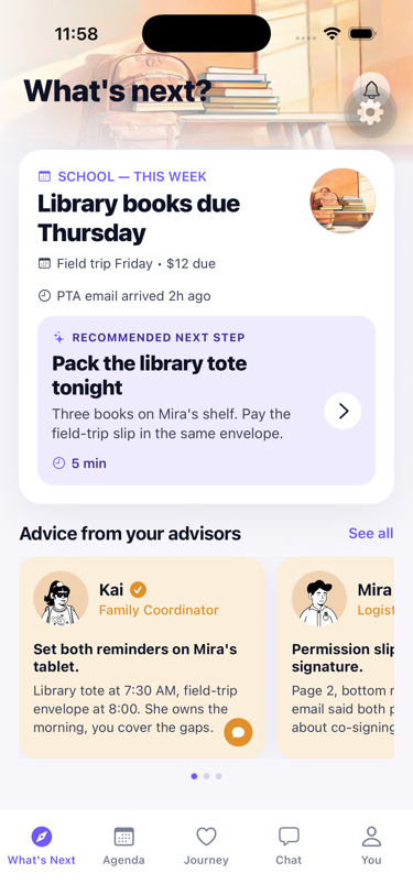 Family agent screen, school sync this-week checklist