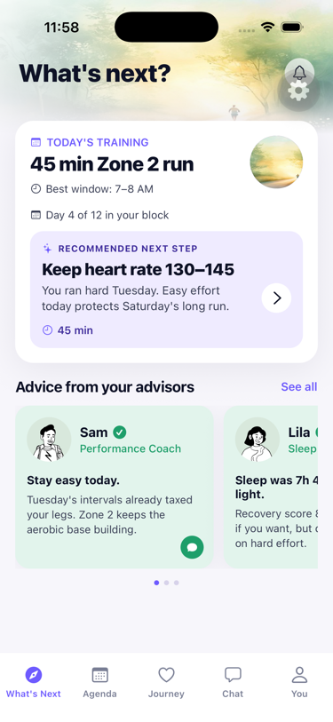 Health agent screen, training coach picking today's session