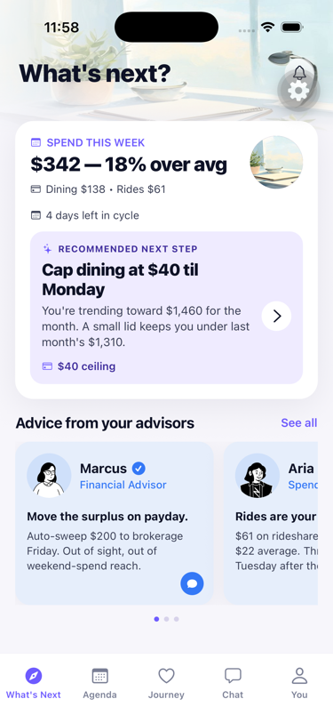 Money agent screen, spend tracker weekly view