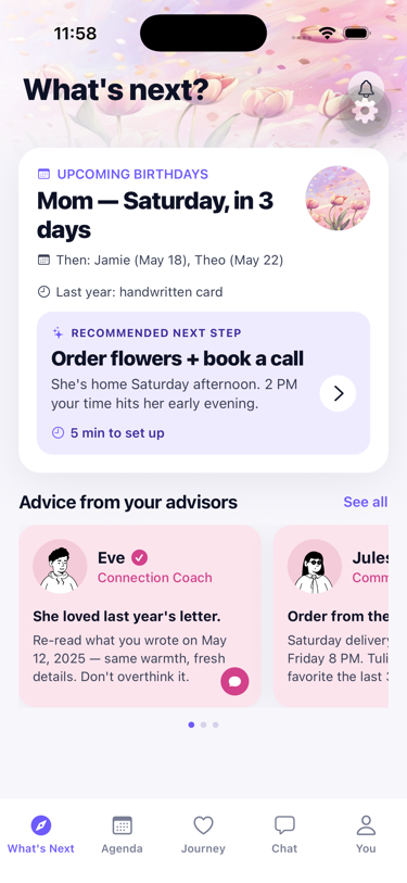 Relationships agent screen, birthday tracker upcoming