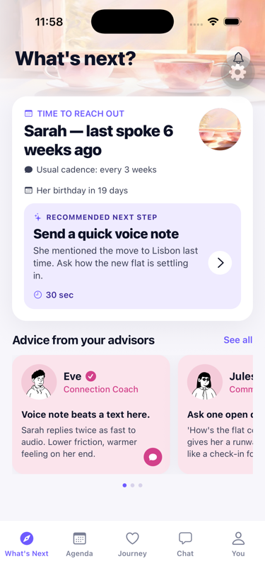 Relationships agent screen, catchup scout who to call