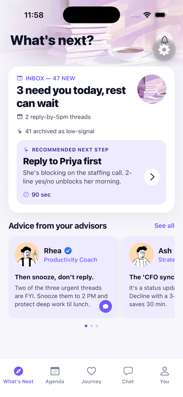 Work agent screen, inbox triage sorted