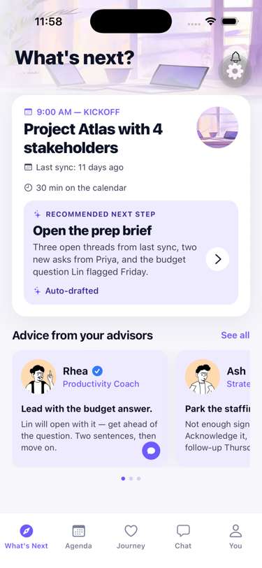 Work agent screen, meeting prep brief for 9am